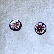 Load image into Gallery viewer, White and gold flowers on a purple background stud earrings