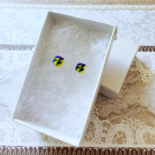 Load image into Gallery viewer, White paper jewelry box with square earrings made of triangle design using yellow, blue, and purple

