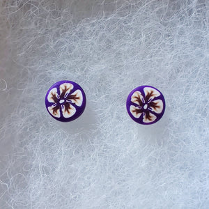 Metal Free Hypoallergenic White, Purple, and Gold Flower Cane Studs with Hypoallergenic Plastic Posts
