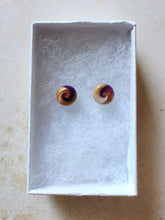Load image into Gallery viewer, Purple, gold and white swirl earrings inside a white paper jewelry box
