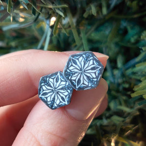 Two hexagon shaped earrings  with a kaleidoscope pattern reminiscent of a snowflake or stained glass. the earrings are held between finger and thumb in front of an artificial Christmas tree branch. 