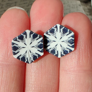 Two hexagon shaped earrings with a snowflake pattern in silver and white. The earrings are held in bright sunlight and have small silver sparkles in the grey areas. 