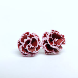 Burgundy Carnation Flower Metal Free Stud Earrings with Hypoallergenic Plastic Posts