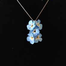 Load image into Gallery viewer, A medium pendant attached to a silver colored chain and bail. The pendant is a cluster of five Forget Me Not flowers. The flowers are pale blue and fade to white toward the center. Each petal ends in yellow at the middle and the center is black. The pendant is displayed on a black velvet background.

