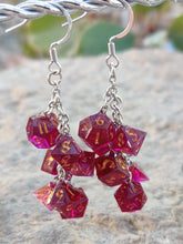 Load image into Gallery viewer, Transparent Purple RPG Dice Earrings - 7 Dice Dangle
